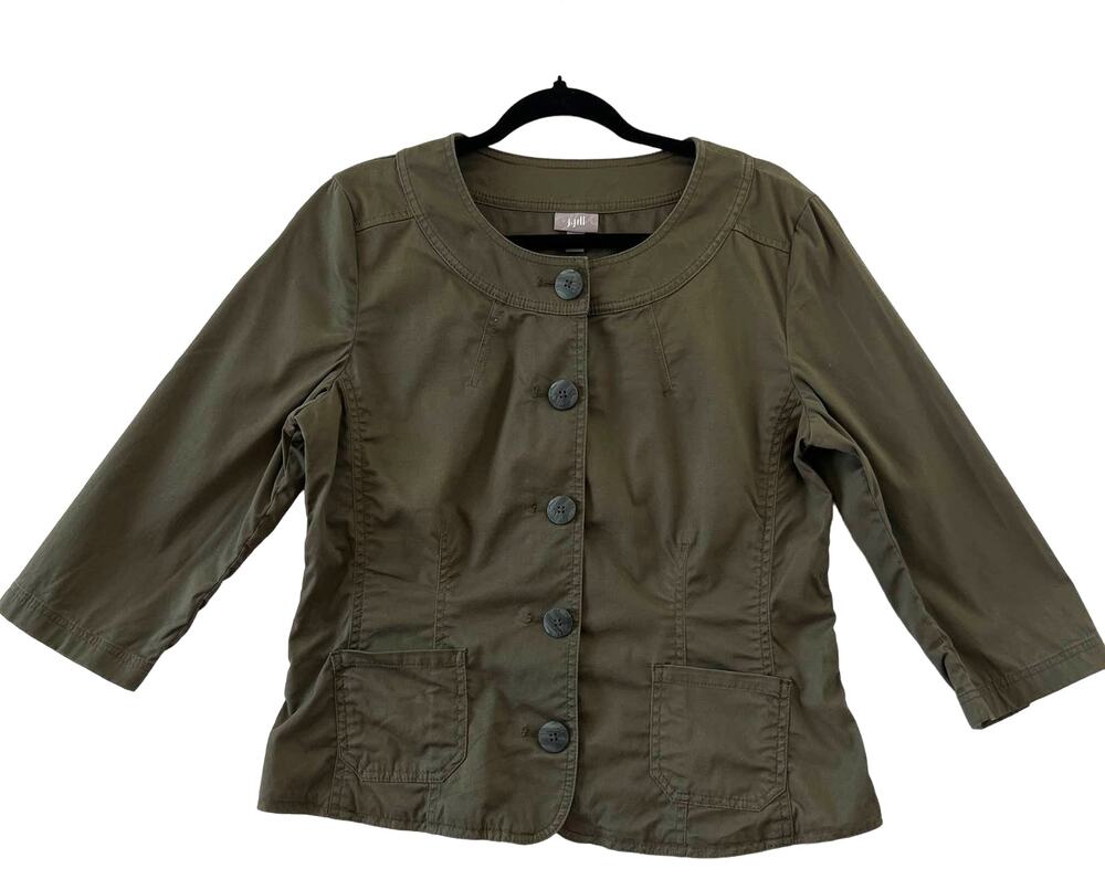 J Jill Olive Green Quarter Sleeve Fitted Stretch Collarless Blazer Jacket Sz 12
